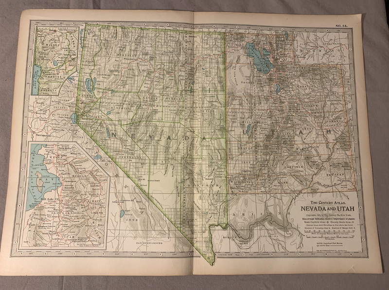 1897 MAP of NEVADA and UTAH Century Atlas Plate No. 54 Salt Lake City Tahoe ++