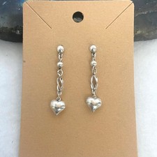 Sterling Silver 925 Dainty Petite Spiral Puffy Heart Stud Dangle Drop Earrings