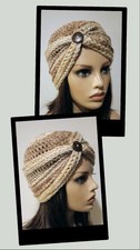handmade crochet womans turban style hat chemo beanie rattan brown