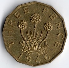 1946 Brass Threepence, George VI. UNC Mint Lustre. Extremely Rare in Grade.