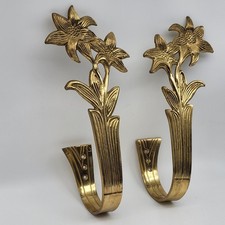 Vintage 1980s Brass Flower Curtain Tie Backs Hooks Set Of Two