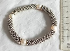 Genuine Pearls & Silver Tone Beads Stretch Bead Bracelet B617