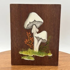 Hand Painted Mushroom On Wood Art Signed by Artist Boho Cottagecore Retro