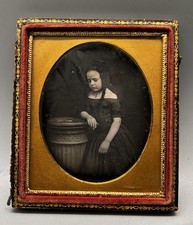 Antique Daguerreotype Photograph Of Young Girl Leaned On Pillar Wearing Cross