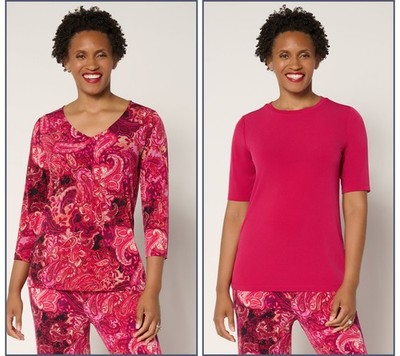 Susan Graver Set of 2 Liquid Knit Print & Solid Tops Paisley/Rose 2X New