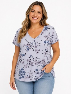 Croft & Barrow Women s XL Blue Floral V-Neck 100% Cotton Short Sleeve Top