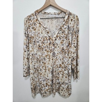 Susan Graver Liquid Knit Tunic Top 2X Brown Tan Abstract Print 3/4 Sleeve A64743