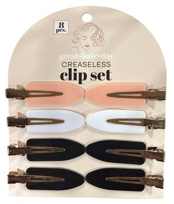 Great Hair Day Creaseless Hair Clip Set 8pc 2.5'' Peach/White/Black + Gold Metal