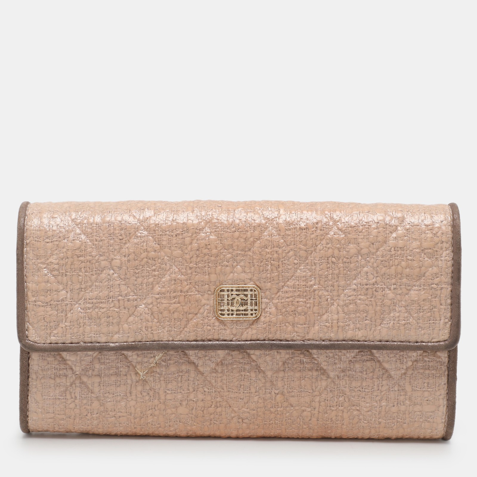 Chanel Beige Coated Tweed CC Logo Flap Wallet