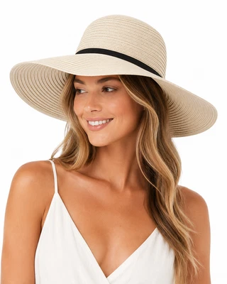 ASVP Shop Chapeau Femme Paille Bord Large Beige Naturel One Size Été Plage - Photo 1/4