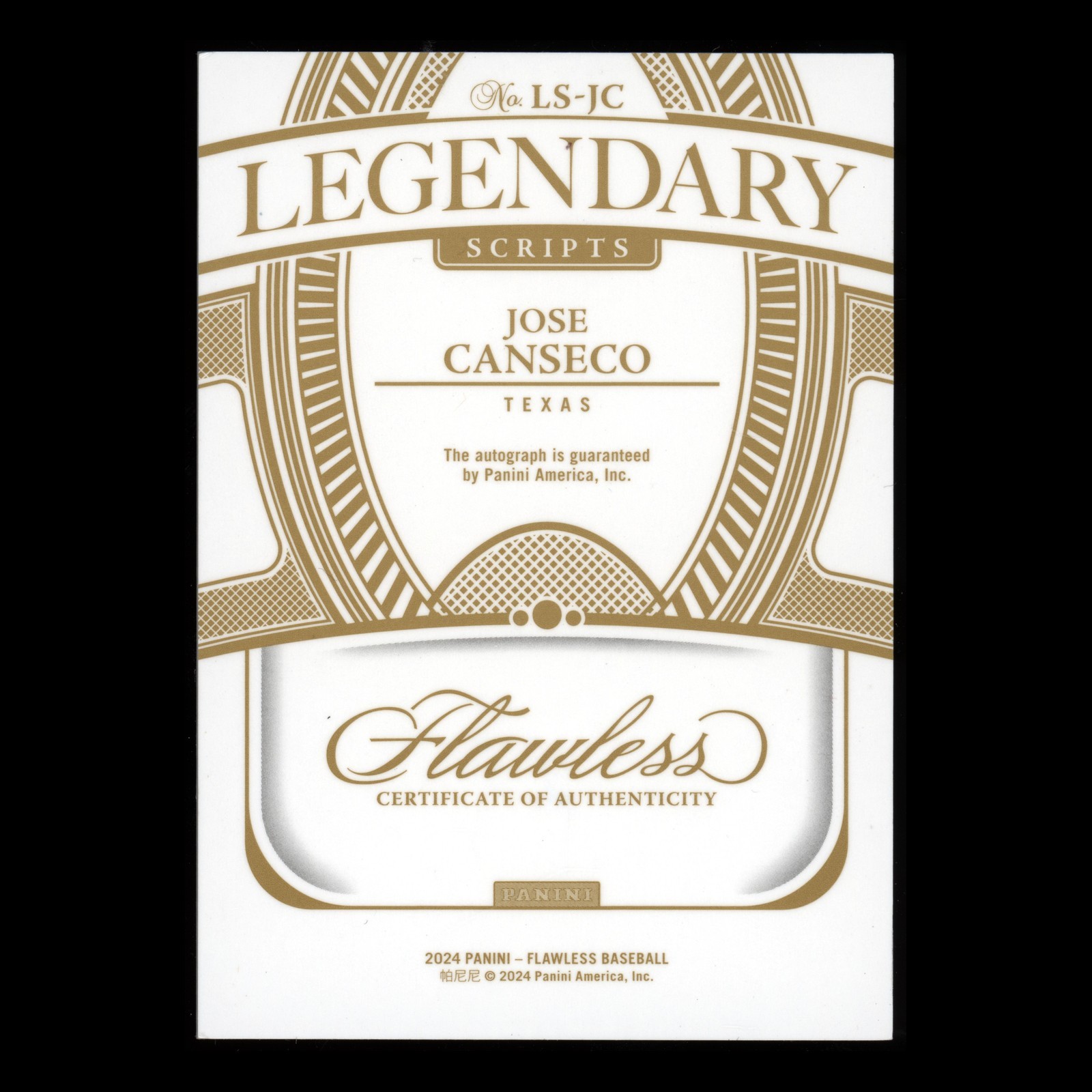Jose Canseco 2024 Panini Flawless Legendary Auto 2/2 view 2
