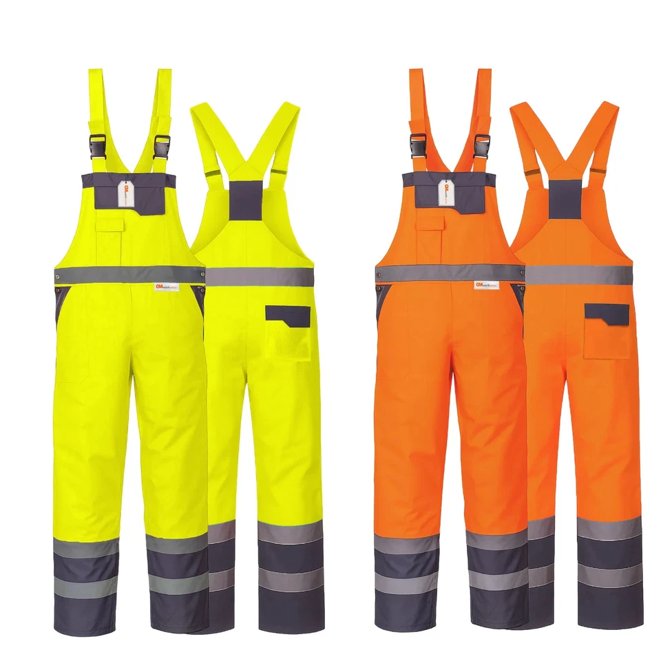 GM WORKWEAR Hi Vis Bib and Brace Overalls Waterproof Reflective Workwear Dungarees Mens