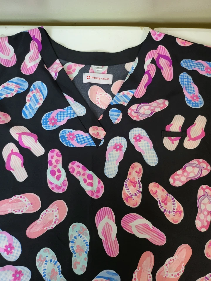 Scrub Top size 3X Black Multi Flip Flops  White Cross 3 Pocket   Medical Dental - Image 2 of 4