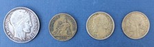 4 French Franc coins 1923 2f, 1933 20f, 1938 2f, & 1939 2f.
