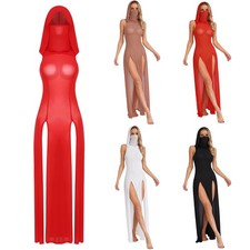 Women High Slit See Through Cover Ups Mesh Sheer Floor Length Grunge Night Dress