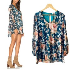 SHOW ME YOUR MUMU Tunic Dress Donna Michele Mini Bell Sleeve Floral Green XS NWT