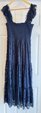 Audrey Parks Maxi Dress Women Medium Navy Blue Lace Smocked Tiered Ruffle Strap