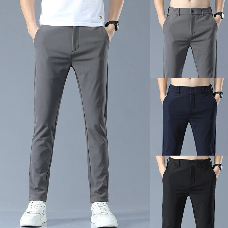 Gray Slim Fit Cotton Pants for Men by GentWith.com