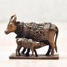 Handmade Kupfer Kuh Und Kalb Kamadenu Idol Statue Patina Antiker Abschluss Figur