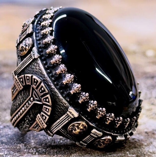 Black Onyx 925 Silver Ring(サイズ調節リング, 2 COLOR) Collection, Large, Black Onyx Stone Men's Silver Ring, 925