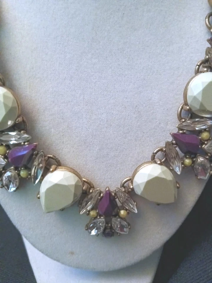 J. Crew Chunky Multi Stones Necklace Mint Green, Clear, Purple Costume Bib Style - Image 3 of 4