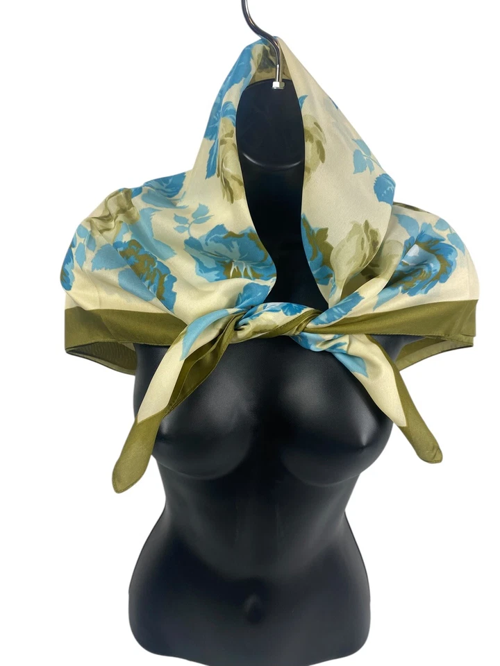 Bufanda Vintage Azul Blanco Verde Rosas Floral Años 80 Cottagecore Romántico Preppy Foto 3 de 4