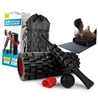 5 in1 Foam Roller Set for Deep Tissue Muscle Massage, High Density Pure Black