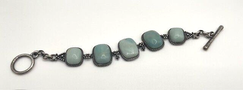Lucky Brand 2-Sided Signed Vtg Bracelet Light Blue Stones Groovy Peace Flowers