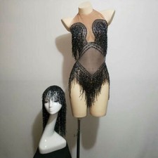 2022 Shiny Black Fringe Bodysuit Dance Costume Stage Headgear hot