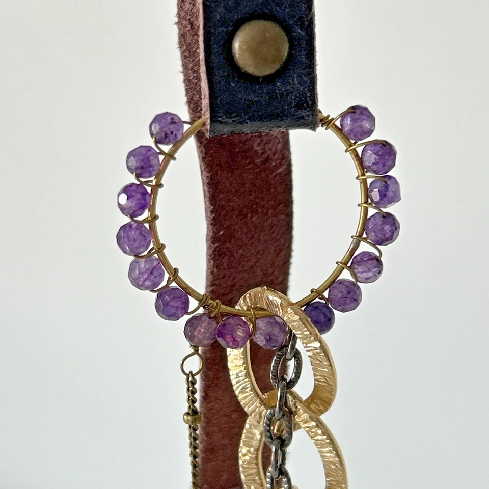 Wire Wrapped Amethyst Chain Leather Necklace Brutalist 29” - Image 4 of 4