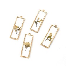 Clearance 8PCS Gold Tone Real Dry Flower Resin Rectangle Charm Pendant GBY403