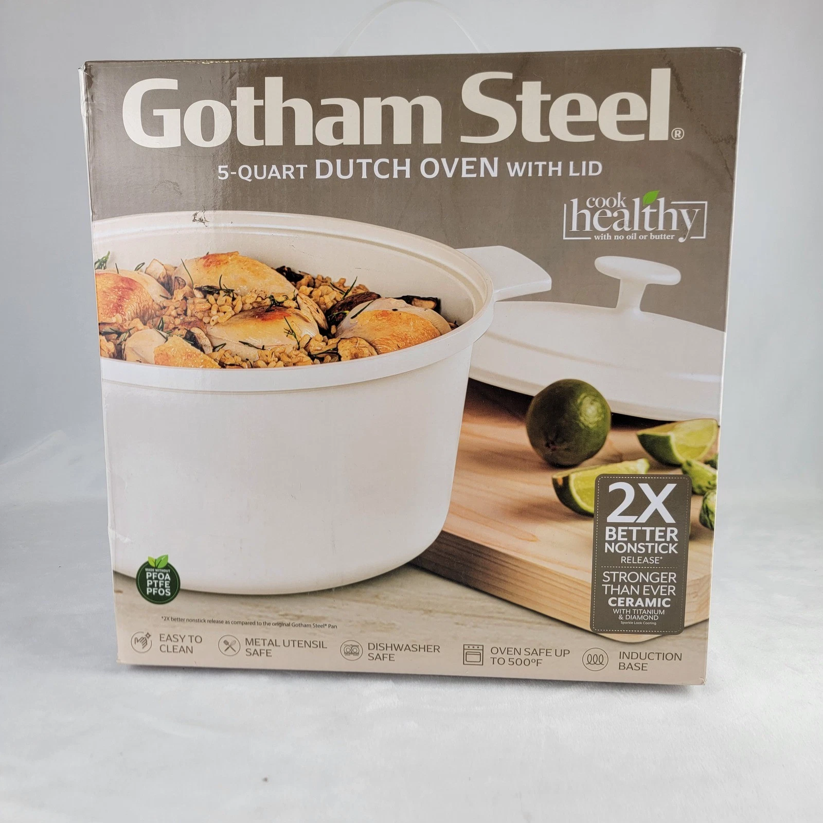 Gotham Steel 5 Quart Dutch Oven with Lid Cream Induction Base PFAO FREE 6057MT
Opens in a new window