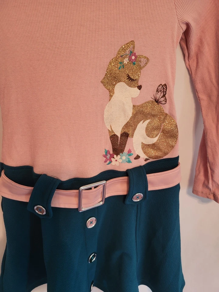 Girls Sz L Pink Turtleneck Dress Belted Glitter Fox 10/12 ☆Holiday Dress☆  - Image 4 of 4