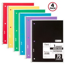 Mead Spiral Notebook, 1 Subject, Wide Ruled, 10.5" x 7.5", 70 Sheets, 4 Pack