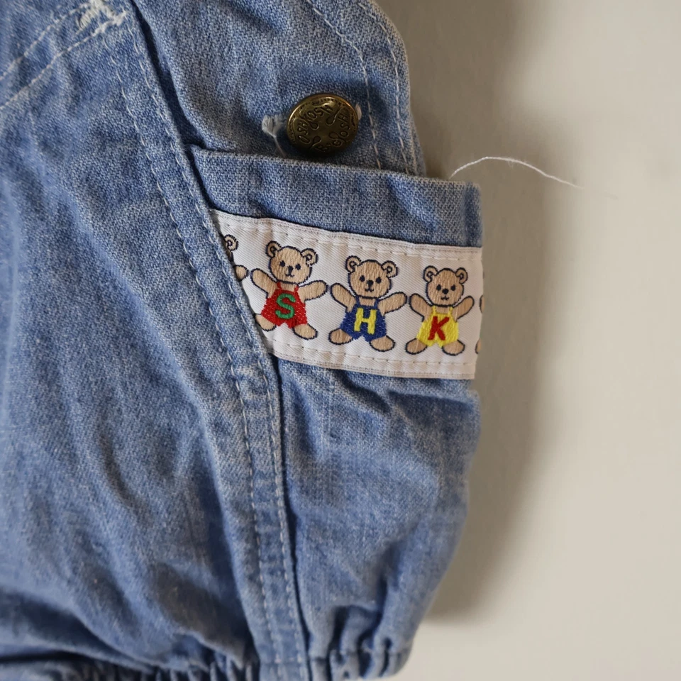 Vintage 80s OshKosh B’gosh Vestbak Blue Denim Teddy Bear Trim Baby Overalls 3/6M - Image 4 of 4