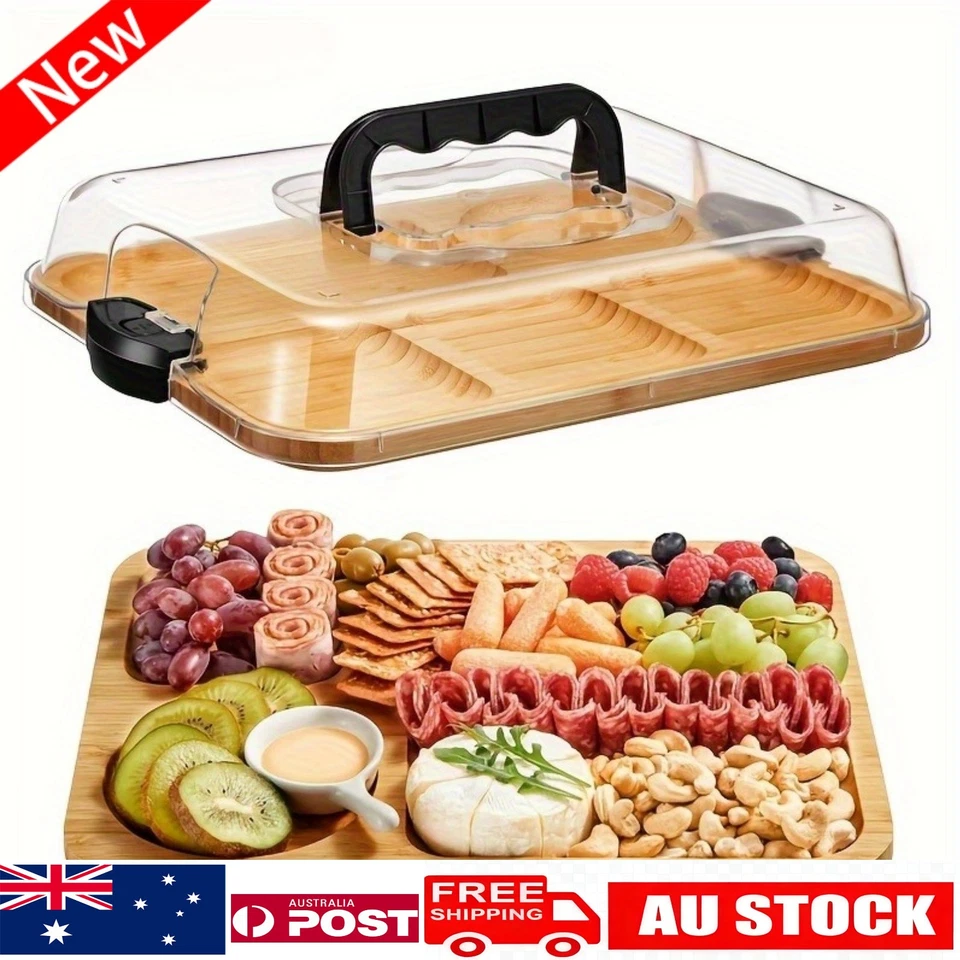 1x Bamboo Cheese Board with Clear Lid Charcuterie Serving Platter Tray for Snack