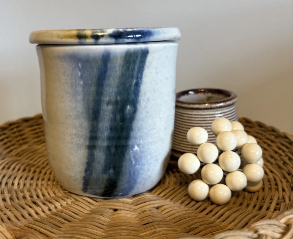 Gorgeous Butter Bell Studio Art Pottery 2009 Signed LM? Blue Cream