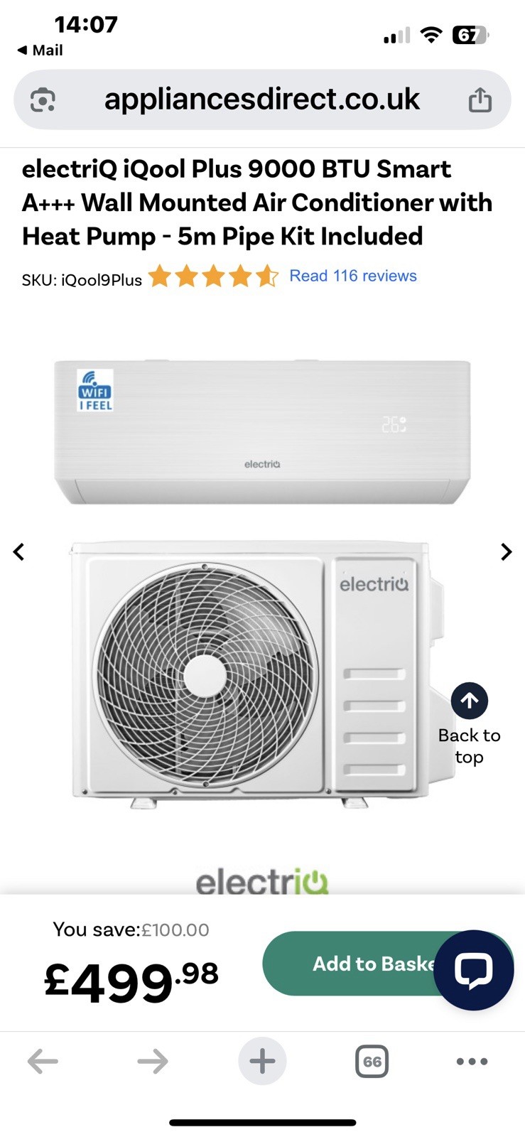 electriQ iQool Plus 9000 BTU Smart A+++ Wall Air Conditioner with Heat...