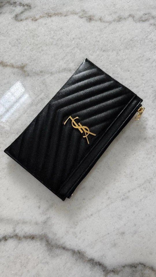 YSL Saint Laurent Monogram Small Ziptop Bill Pouch in Grained Leather in Nior - Image 2 of 4