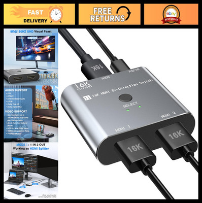 8K HDMI Switch Splitter 2x1 Selector, 4K@120Hz/240Hz, 16K@30Hz, 48Gbps, VRR, HDR