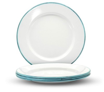 Red Co. Set of 4 Enamelware Metal Classic 10 Round Dinner Plate, Solid White/Tea