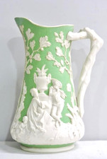 LUXURY GREEN JASPERWARE-STYLE JUG WITH WHITE CLASSICAL RELIEF  ~ 9?10"  TALL.