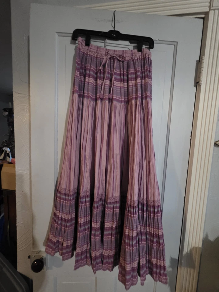 Falda Larga Vintage en Niveles Talla Pequeña Rosa/Púrpura Cintura Elástica Boho Hippie Años 70 Foto 3 de 3