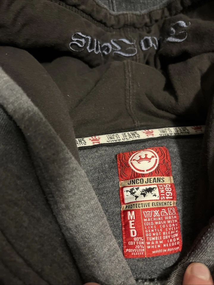 y2k JNCO толстовка с капюшоном размер средний темно-серый/черный с боковыми полосками и вышивкой - Изображение 3 из 4