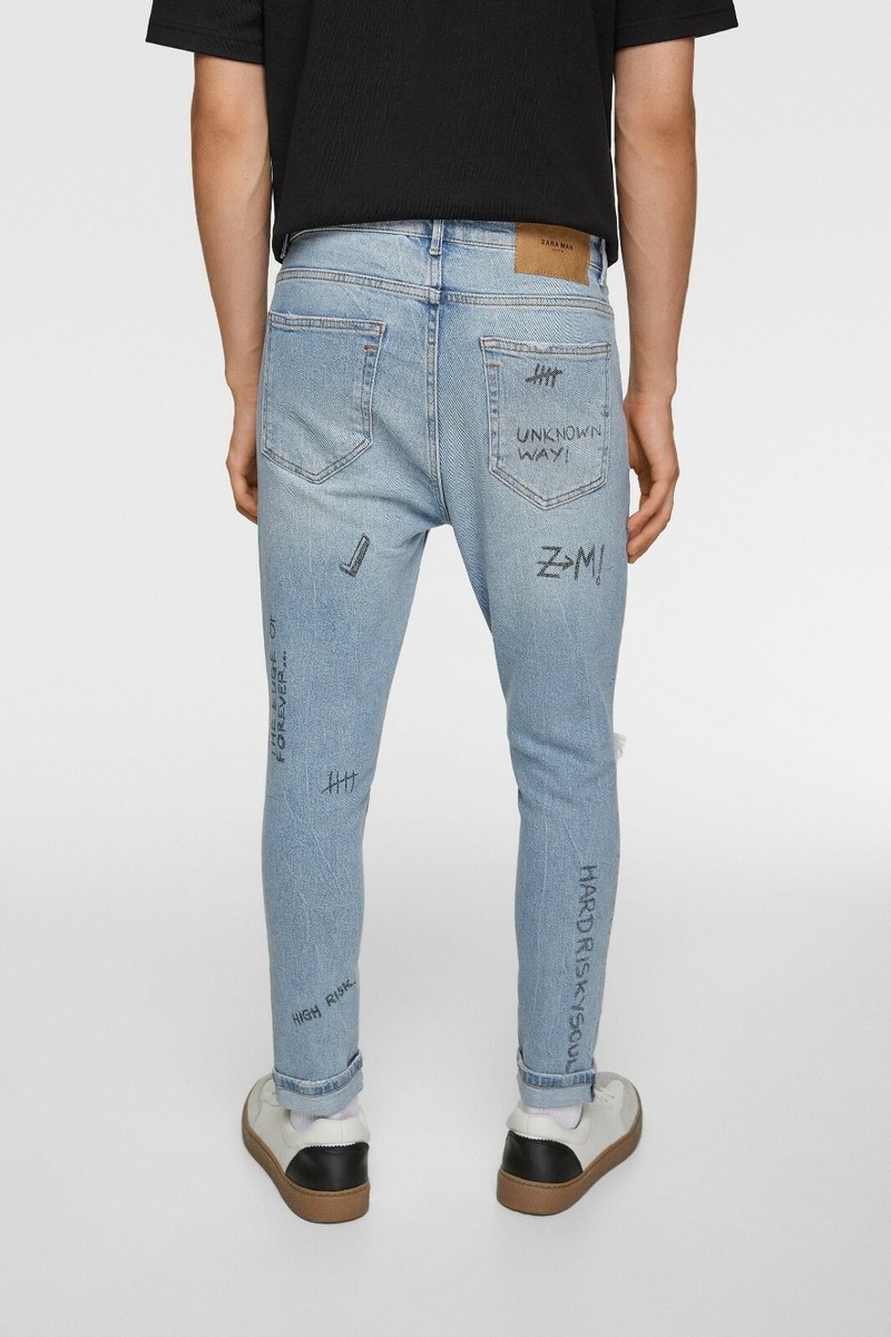 New Zara Men's Text Print Slim Jeans US31 Light Blue 0905