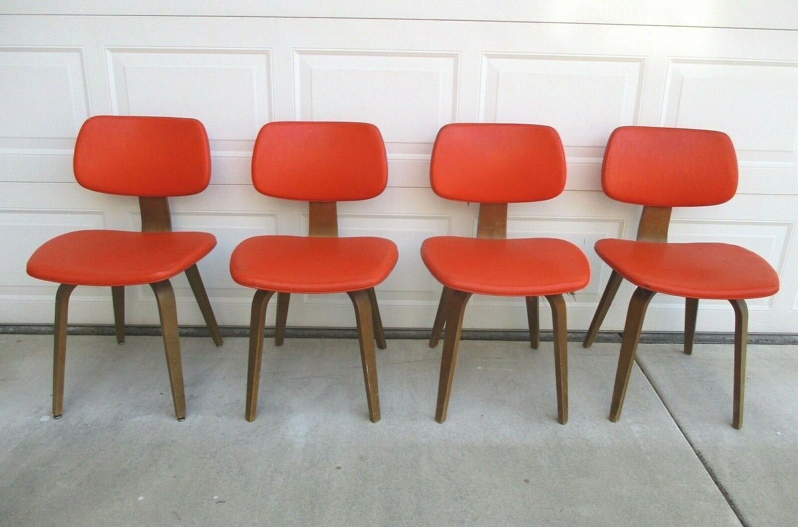 4 Thonet Mid Century Modern Orange Vinyl Upholstered Bentwood Chairs Set of 4 
