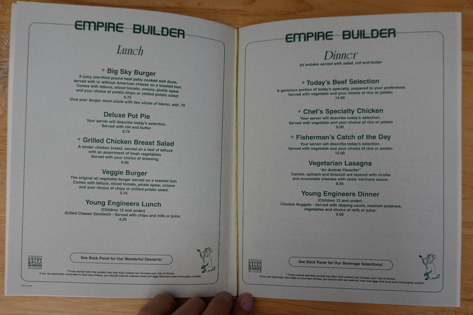 Amtrak Vintage EMPIRE BUILDER 70TH ANNIVERSARY COMMEMORATIVE dining car menu