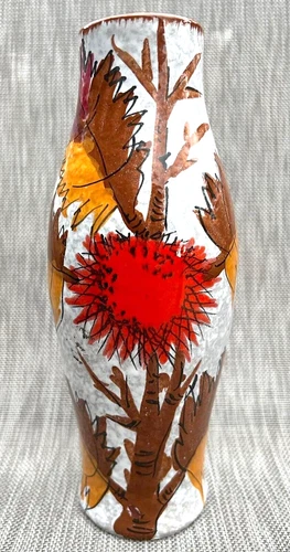 Vintage Mid Century Art Pottery Vase Italy White Lava Glaze MCM Leaves Brown