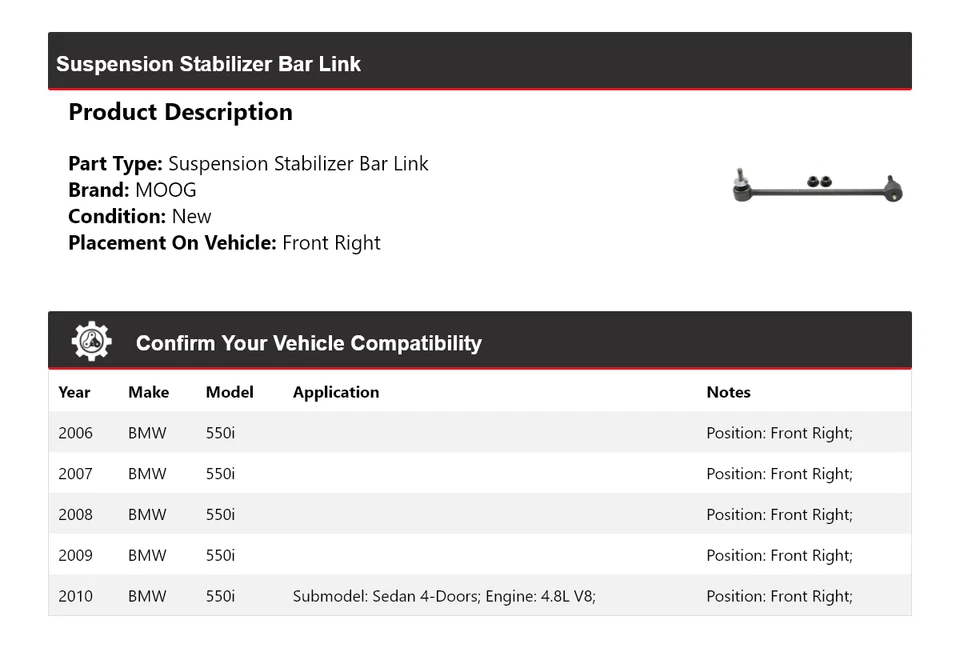 Barra estabilizadora de suspensión delantera derecha MOOG 2006 2007 BMW 550i 2006-2010 Foto 2 de 4