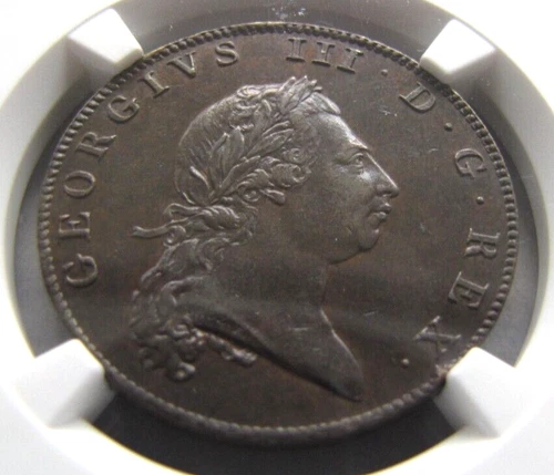 Bermuda KM5 Penny 1793 NGC AU58 BN. Sharp glossy brown coin.